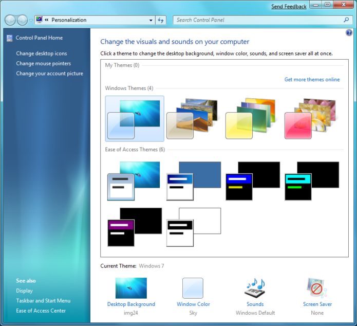 Меню Персонализация в Windows 7